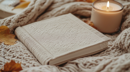 Wallpaper Mural Blank book cover mockup on cozy background. Knitted cover book with candle on warm beige blanket. Torontodigital.ca