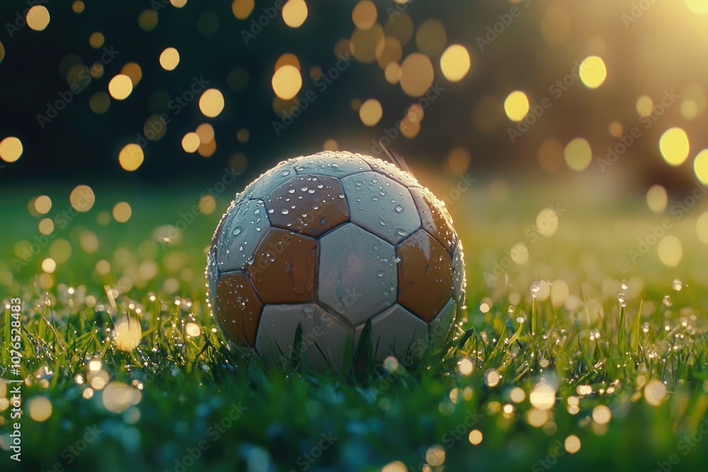Naklejka premium A soccer ball sits atop a vibrant green grassy field, perfect for sports or nature scenes