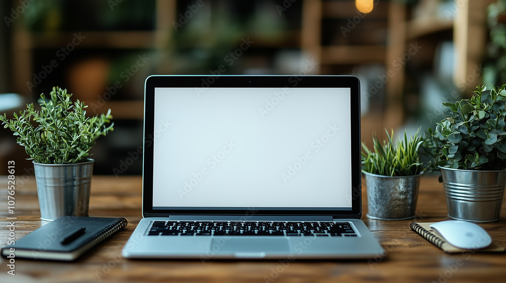 Laptop screen mockup on office desk. Laptop with blank screen on wooden desk with green plants. Laptop screen mockup on office desk. Laptop with blank screen on wooden desk with green plants.
