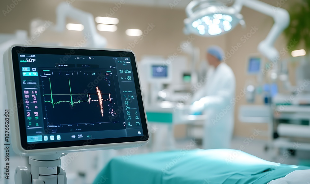 Close-up of a medical monitor displaying vital signs in a hospital operating room. Close-up of a medical monitor displaying vital signs in a hospital operating room.