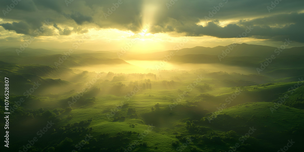 Sunrays over green valley, creating a stirring dawn scene of natural beauty . photo Sunrays over green valley, creating a stirring dawn scene of natural beauty . photo