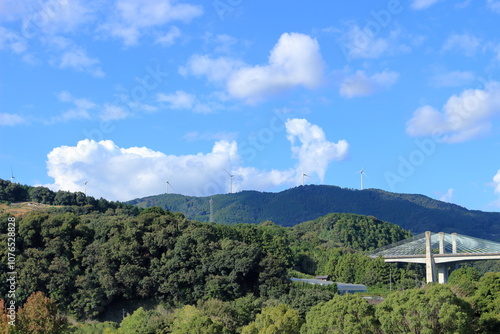 青空と白い雲と風力発電の設備 photo