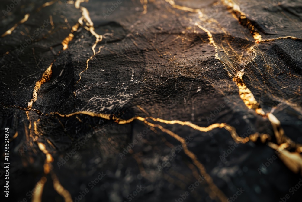 Close-up shot of a black and gold marble surface with intricate patterns and textures Close-up shot of a black and gold marble surface with intricate patterns and textures
