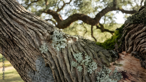 Close-up of rugged oak tree bark texture with deep grooves and natural patterns, perfect for nature backgrounds, organic textures, or rustic design elements. 