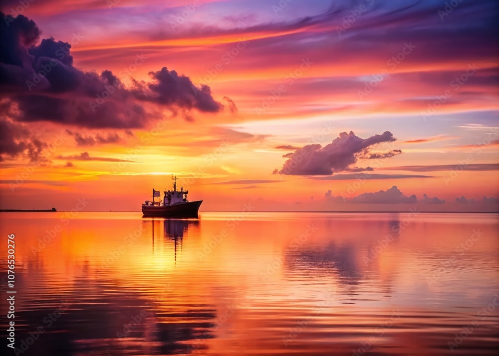 Serene Minimalist Scene of a Ship Sailing on the Calm Sea During a Vibrant Sunset with Soft Hues of Orange, Pink, and Purple Illuminating the Tranquil Water Surface Serene Minimalist Scene of a Ship Sailing on the Calm Sea During a Vibrant Sunset with Soft Hues of Orange, Pink, and Purple Illuminating the Tranquil Water Surface