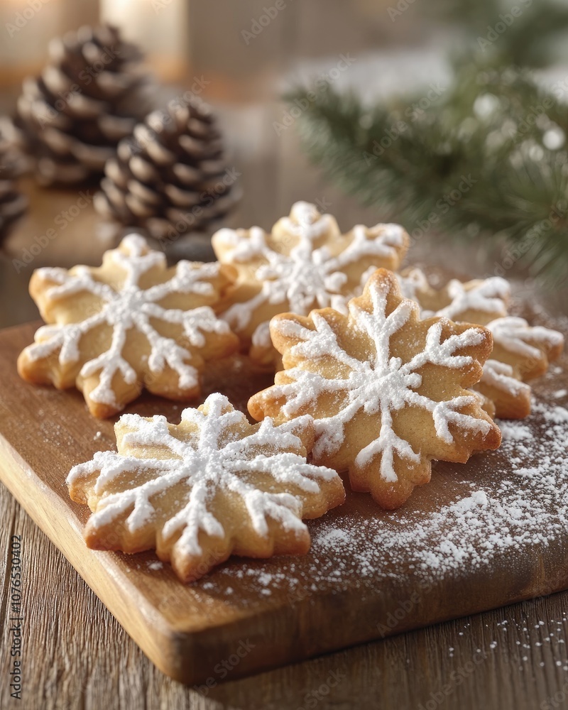 Rustic holiday snowflake cookies on wooden board for winter decor and festive treats Rustic holiday snowflake cookies on wooden board for winter decor and festive treats