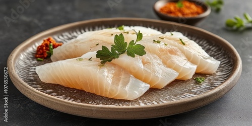 Sea Bream Sashimi on decorative plate Product photogr photo