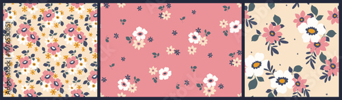 Seamless floral pattern, liberty ditsy print, abstract nature ornament with simple plants. Cute botanical design in delicate coros, small hand drawn flowers, tiny leaves, bouquets. Vector illustration