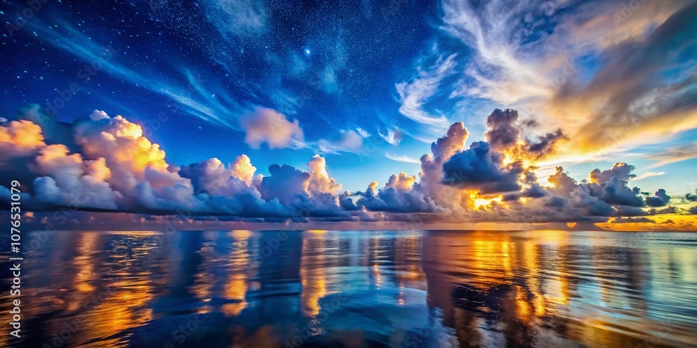 Serene Night Sky and Calm Ocean with Mysterious Cloud Reflections Under Subtle Light – A Tranquil Landscape for Nature Lovers and Photography Enthusiasts Serene Night Sky and Calm Ocean with Mysterious Cloud Reflections Under Subtle Light – A Tranquil Landscape for Nature Lovers and Photography Enthusiasts