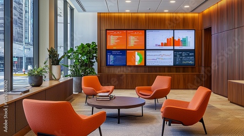 executive lounge with digital walls displaying financial analytics