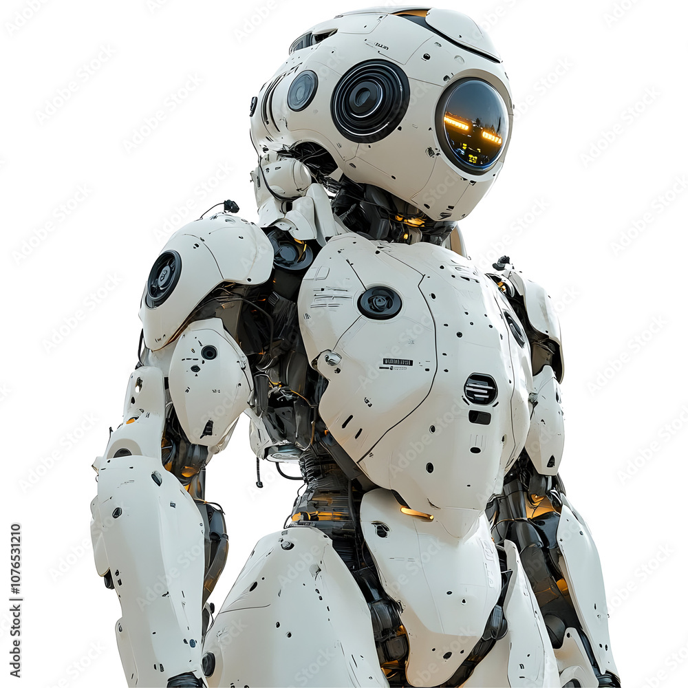 White humanoid robot with glowing lights isolated on transparent background. White humanoid robot with glowing lights isolated on transparent background.