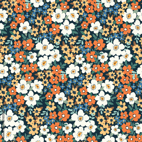 Seamless floral pattern, liberty ditsy print of pretty decorative art meadow, mini wild plants. Cute botanical design: small hand drawn flowers, simple tiny grass, leaves. Vector illustration.