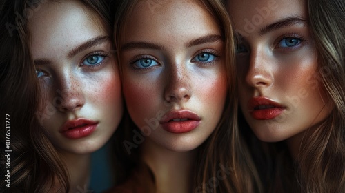 Three young women with distinctive facial features, perfect for beauty or lifestyle themes