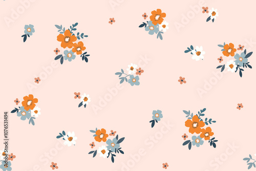 Seamless floral pattern, liberty ditsy print, abstract ornament of mini plants in pretty folk motif. Cute botanical design: small hand drawn flowers, leaves, simple tiny bouquets. Vector illustration.