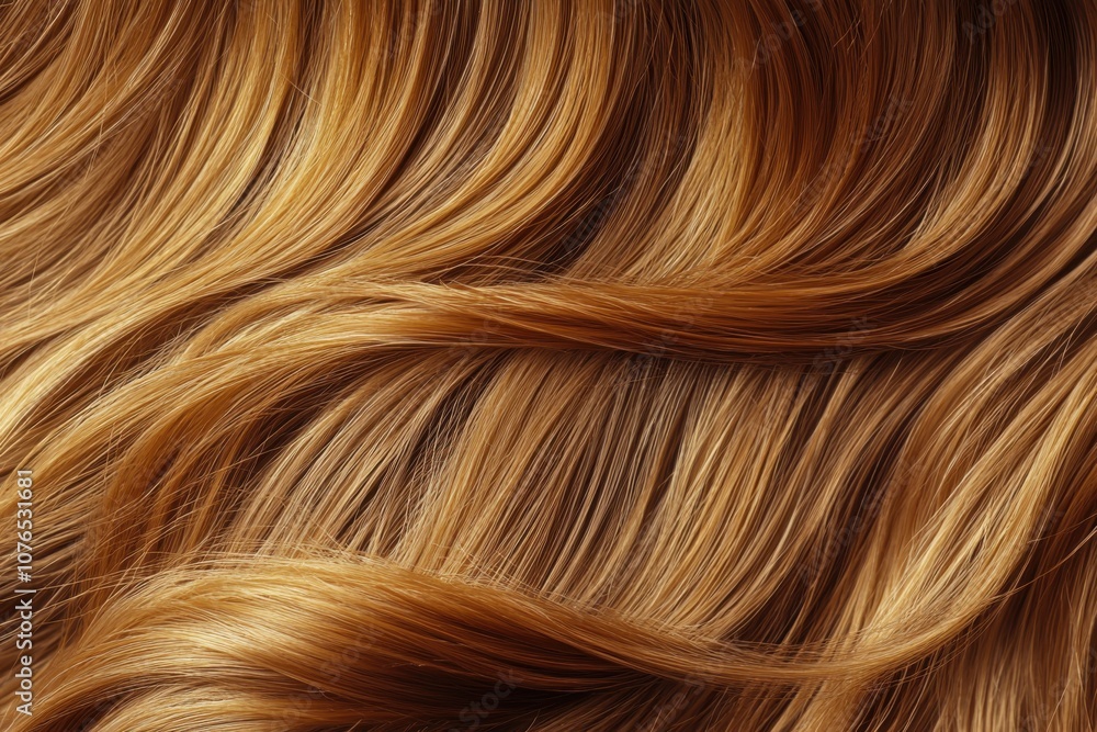 Close-up view of wavy, shiny, golden-brown hair texture. Close-up view of wavy, shiny, golden-brown hair texture.