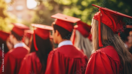 A group of students celebrating their graduation day, dressed in traditional red caps and gowns
