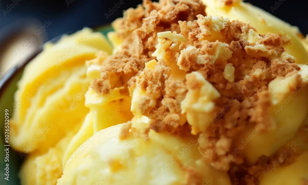 Closeup of turmeric flavored ice cream with toppings in a bowl