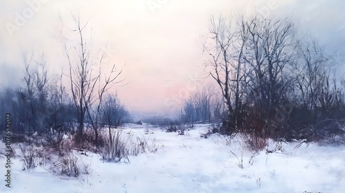 A winter landscape with bare trees and a snowy field