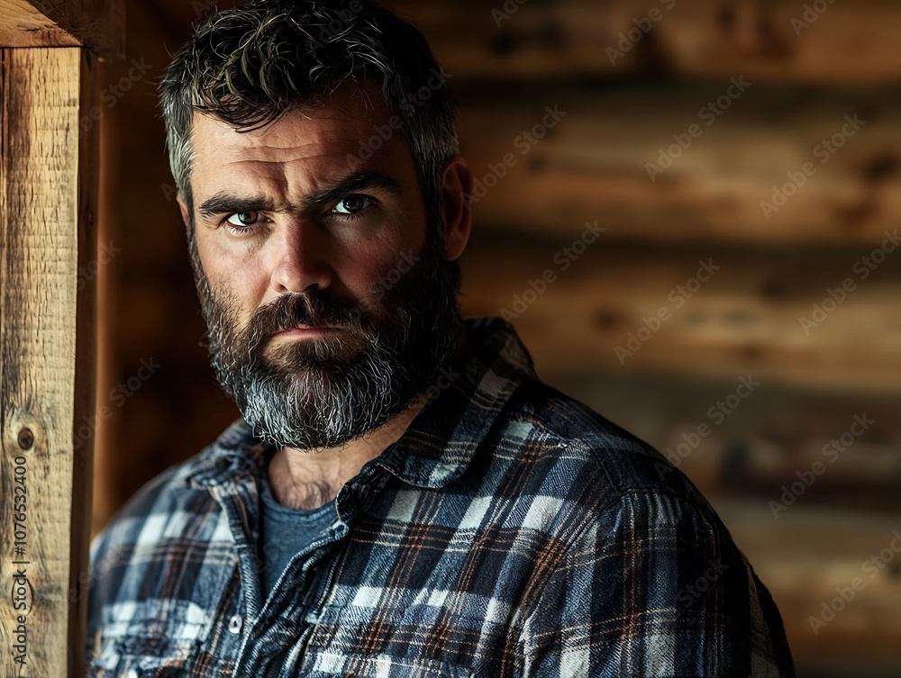 Rugged Cabin Dweller Intense Gaze of a Bearded Man in Plaid Shirt Against Rustic Wooden Interior Rugged Cabin Dweller Intense Gaze of a Bearded Man in Plaid Shirt Against Rustic Wooden Interior
