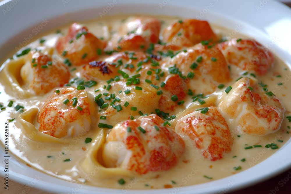 A Plate of Lobster Ravioli in a Light Cream Sauce, Topped with Chopped Chives and Grated Parmesan, Food Photography, Food Menu Photo Image A Plate of Lobster Ravioli in a Light Cream Sauce, Topped with Chopped Chives and Grated Parmesan, Food Photography, Food Menu Photo Image