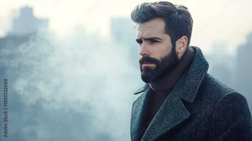 Handsome Man in Elegant Coat Gazes Contemplatively Amidst Moody Foggy Cityscape Handsome Man in Elegant Coat Gazes Contemplatively Amidst Moody Foggy Cityscape