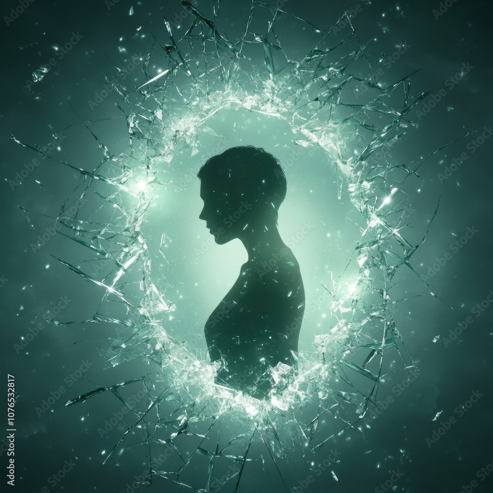 Explore the depths of emotion through a fragmented silhouette in ethereal light Explore the depths of emotion through a fragmented silhouette in ethereal light