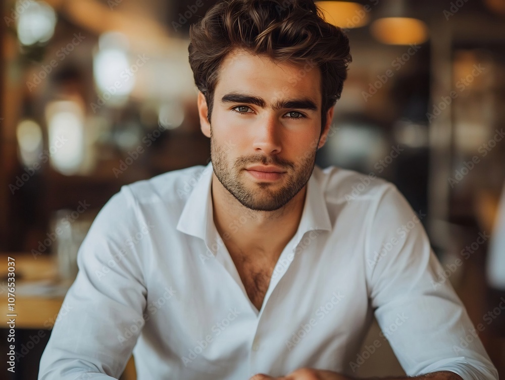 A Handsome Man with Classic Features Enjoys a Moment of Thoughtful Contemplation at a Cafe A Handsome Man with Classic Features Enjoys a Moment of Thoughtful Contemplation at a Cafe