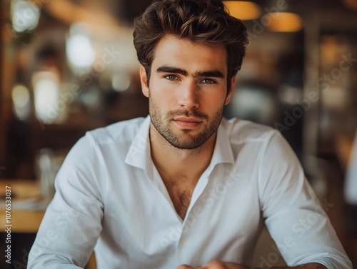 A Handsome Man with Classic Features Enjoys a Moment of Thoughtful Contemplation at a Cafe