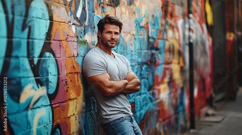 Fototapeta premium Charismatic Man Leaning Against Graffiti Covered Urban Wall