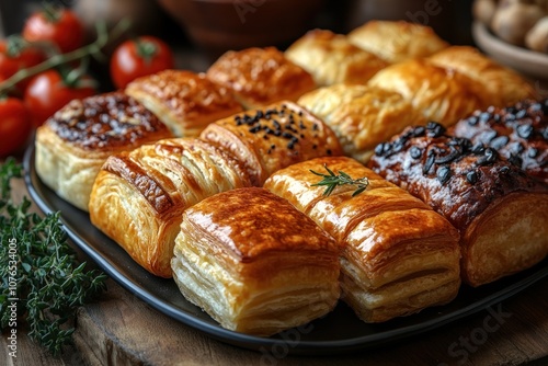 A platter of assorted savory pastries, including ones with black sesame seeds, poppy seeds, and a sprig of rosemary.