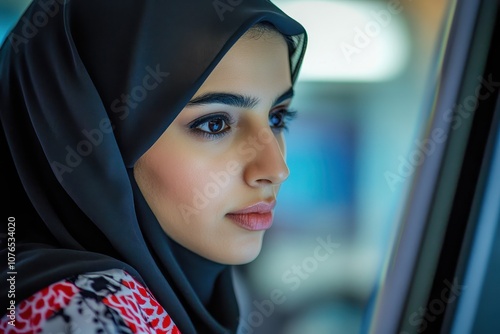 Close-up portrait of a woman wearing a black hijab