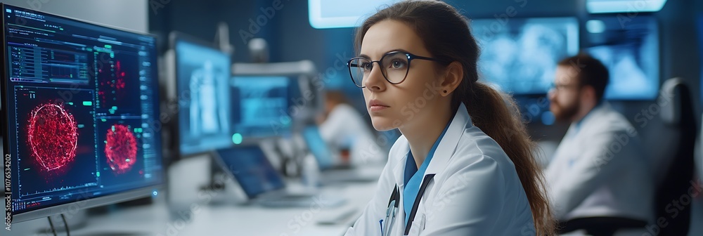 Female doctor looking at a screen with medical data in a hospital. Female doctor looking at a screen with medical data in a hospital.