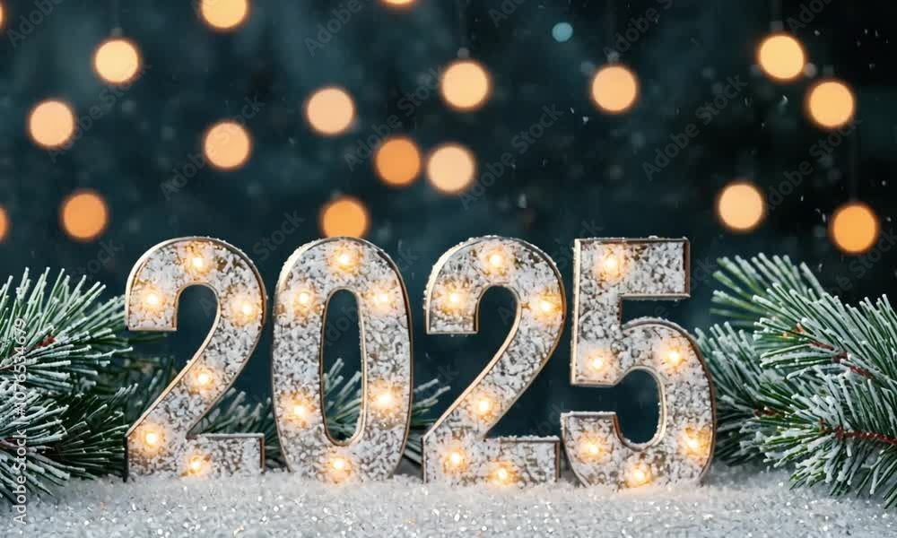 Festive New Year 2025 Celebration with Glittering Numbers Surrounded by Evergreen Pine Branches and Soft Snow, Ideal for Seasonal Greetings and Holiday Promotions