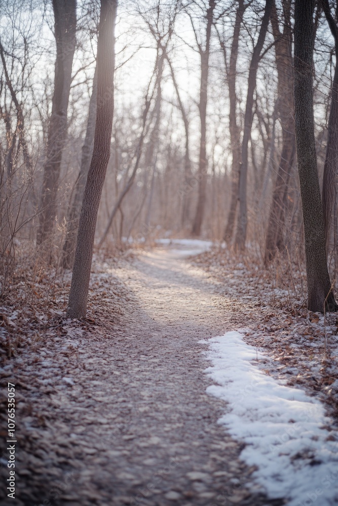 A winding path surrounded by trees covered in snow, perfect for winter scenes or nature photography A winding path surrounded by trees covered in snow, perfect for winter scenes or nature photography
