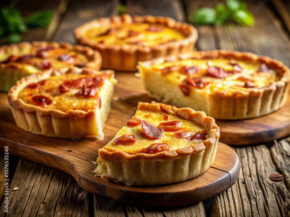 Silhouette of Delicious Quiche Lorraine with Bacon and Cheese on Rustic Wooden Table, Capturing the Essence of Gourmet Culinary Artistry and Comfort Food Appeal Silhouette of Delicious Quiche Lorraine with Bacon and Cheese on Rustic Wooden Table, Capturing the Essence of Gourmet Culinary Artistry and Comfort Food Appeal