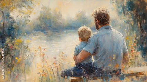 Father and young son sitting together, father puts his arm around son