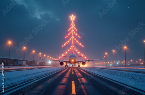 Festive airplane taxiing at night with christmas tree lights on runway