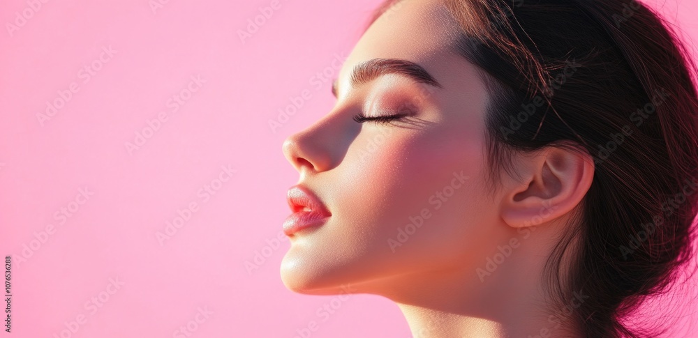 A woman with closed eye against a pink background, a beauty concept. A woman with closed eye against a pink background, a beauty concept.