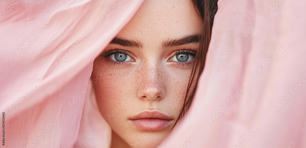 Portrait of young woman with beautiful eyes peering through a pink fabric. Portrait of young woman with beautiful eyes peering through a pink fabric.