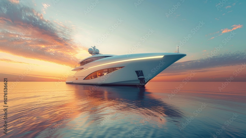 A serene sunset scene with a white yacht on calm waters, surrounded by vibrant colors reflected in the sea, creating a tranquil seascape. A serene sunset scene with a white yacht on calm waters, surrounded by vibrant colors reflected in the sea, creating a tranquil seascape.