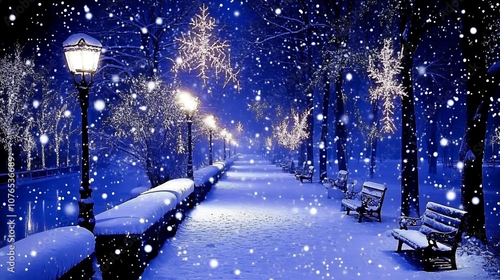 Fototapeta premium Snowy Night in a City Park with Illuminated Trees and Benches