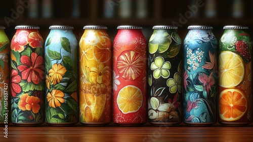 Colorful beverage cans featuring floral and fruit designs.