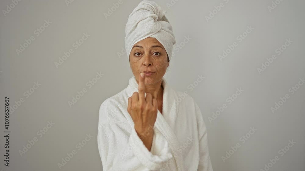 Middle age woman in a towel and bathrobe showing rude middle finger expression over isolated white background, impolite gesture and attitude display Middle age woman in a towel and bathrobe showing rude middle finger expression over isolated white background, impolite gesture and attitude display