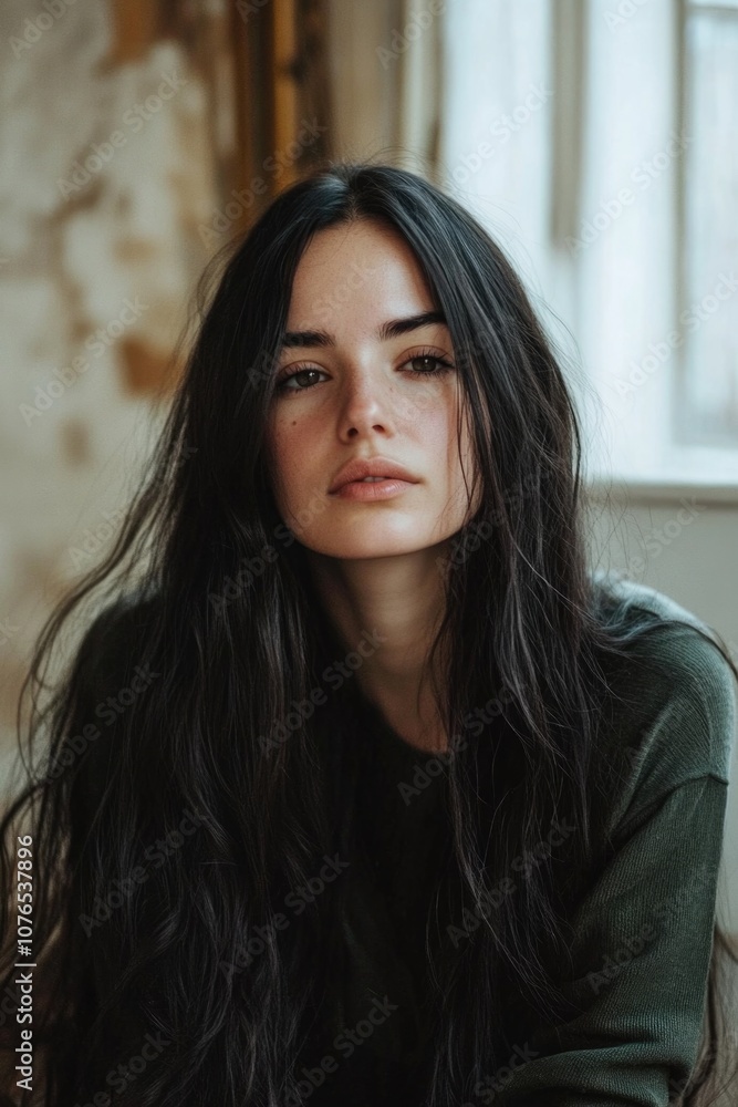 A woman sits in front of a window, her long black hair flowing around her A woman sits in front of a window, her long black hair flowing around her