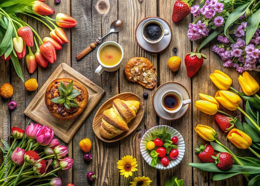 Spring Breakfast on Wooden Table Flat Lay Composition Featuring Fresh Fruits, Pastries, and Coffee with Natural Light and Soft Shadows for a Cozy Morning Vibe Spring Breakfast on Wooden Table Flat Lay Composition Featuring Fresh Fruits, Pastries, and Coffee with Natural Light and Soft Shadows for a Cozy Morning Vibe