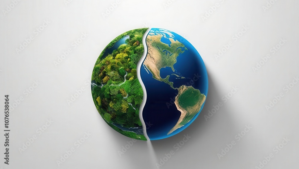 Half Earth: A powerful visual concept depicting a divided Earth, one half lush green, the other half a traditional blue. Half Earth: A powerful visual concept depicting a divided Earth, one half lush green, the other half a traditional blue.