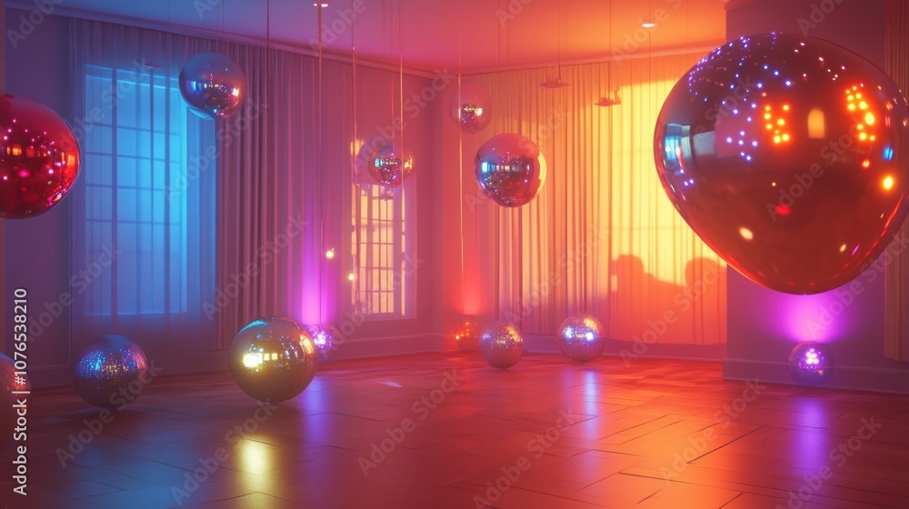 Obraz premium A room with many shiny, colorful balls hanging from the ceiling