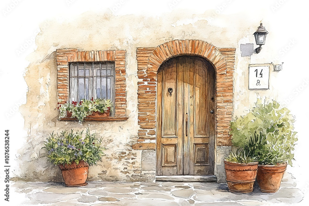 Fototapeta premium Vintage old city sketch art watercolor illustration 