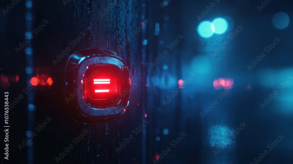 A glowing red button on a wet surface, illuminated by ambient light in a moody environment. A glowing red button on a wet surface, illuminated by ambient light in a moody environment.