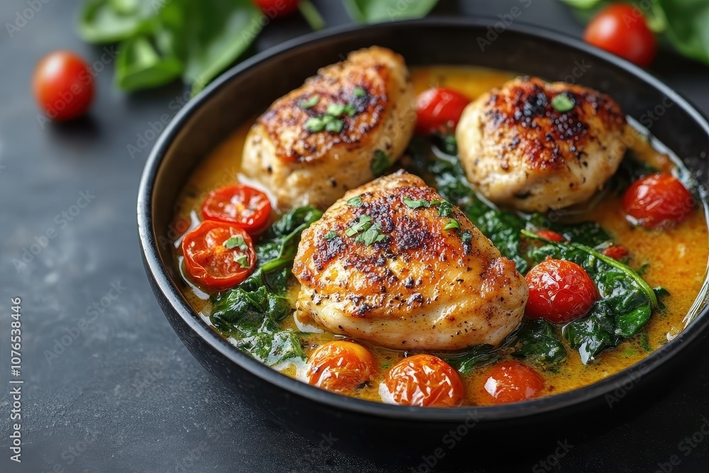Chicken breast with tomatoes and spinach. This is a close-up photo of a pan of chicken breast with cherry tomatoes, spinach, and a creamy sauce, perfect for depicting a healthy and delicious meal. Chicken breast with tomatoes and spinach. This is a close-up photo of a pan of chicken breast with cherry tomatoes, spinach, and a creamy sauce, perfect for depicting a healthy and delicious meal.